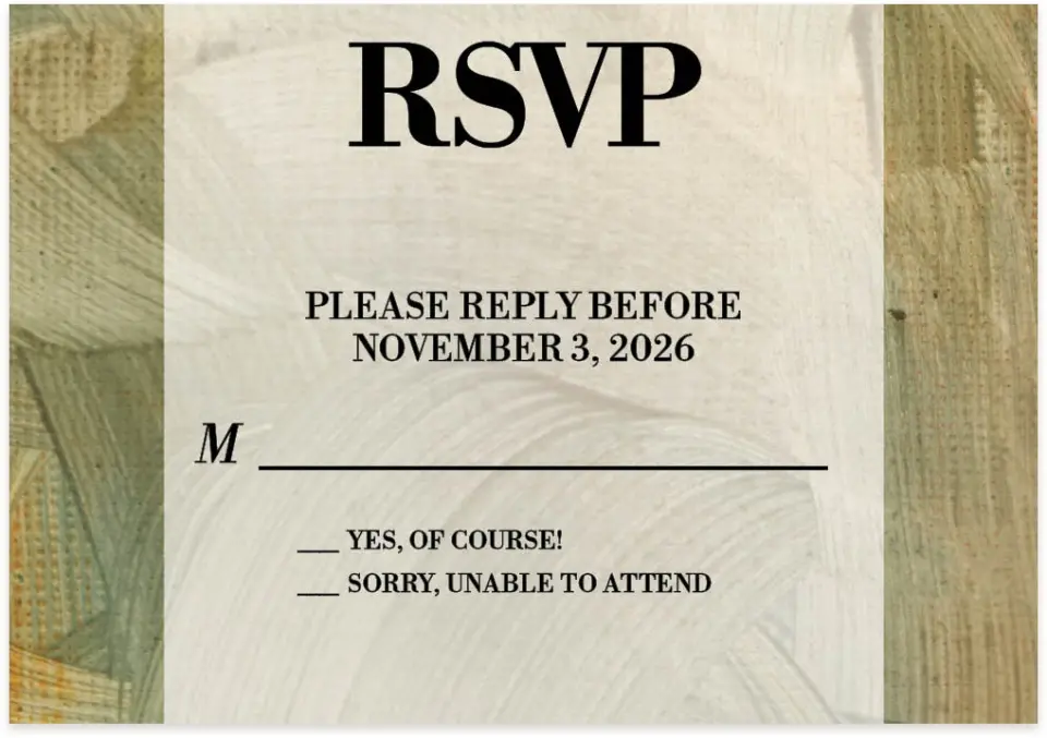 This is a 5" x 3½" Wedding Invitation RSVP Postcard called Sunset Splendor printed in full color on Premium Smooth paper