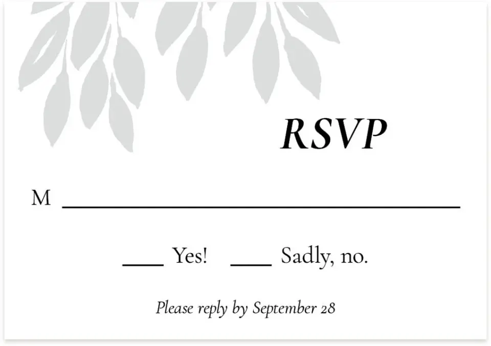 This is a 5" x 3½" Wedding Invitation RSVP Postcard called Leafy Wonder printed in full color on Premium Smooth paper