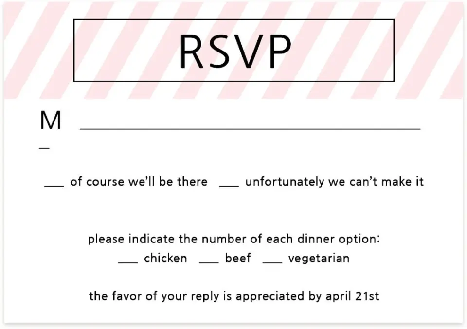 This is a 5" x 3½" Wedding Invitation RSVP Postcard called Delightful Stripes printed in full color on Premium Smooth paper