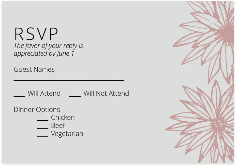 This is a 5" x 3½" Wedding Invitation RSVP Postcard called Botanical Burst printed in full color on Premium Smooth paper
