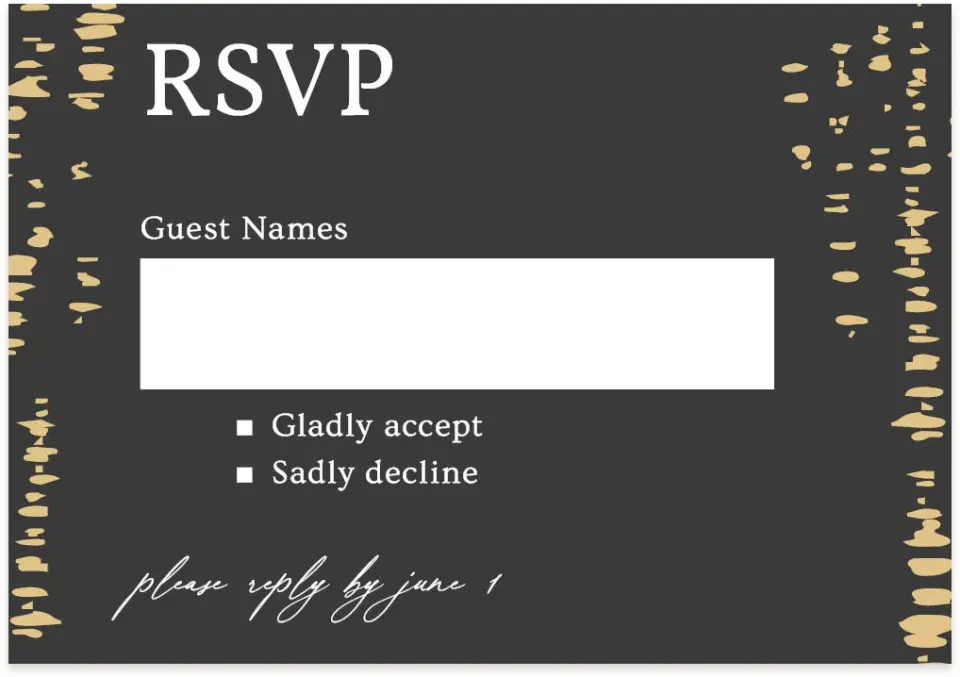 This is a 5" x 3½" Wedding Invitation RSVP Postcard called Cascading Flecks printed in full color on Premium Smooth paper