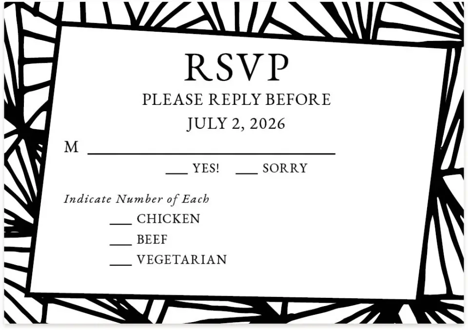 This is a 5" x 3½" Wedding Invitation RSVP Postcard called Devoted Deco printed in full color on Premium Smooth paper