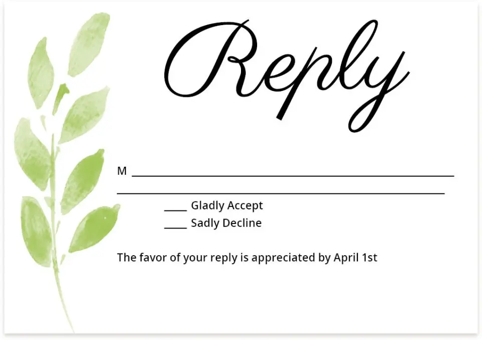 This is a 5" x 3½" Wedding Invitation RSVP Postcard called Painted Leaves printed in full color on Premium Smooth paper