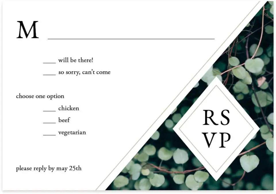 This is a 5" x 3½" Wedding Invitation RSVP Postcard called Vogue Vineyard printed in full color on Premium Smooth paper