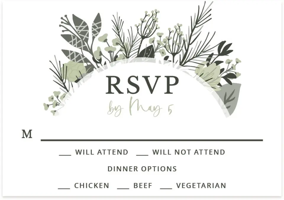 This is a 5" x 3½" Wedding Invitation RSVP Postcard called Greenery Crown printed in full color on Premium Smooth paper