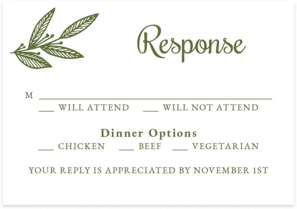This is a 5" x 3½" Wedding Invitation RSVP Postcard called Splash of Sprigs printed in full color on Premium Smooth paper