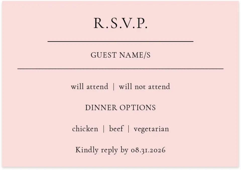 This is a 5" x 3½" Wedding Invitation RSVP Postcard called Lovely Blush printed in full color on Premium Smooth paper