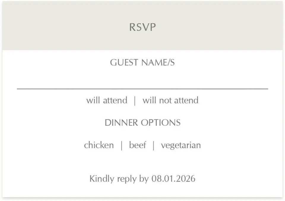 This is a 5" x 3½" Wedding Invitation RSVP Postcard called Exquisitely Simple printed in full color on Premium Smooth paper