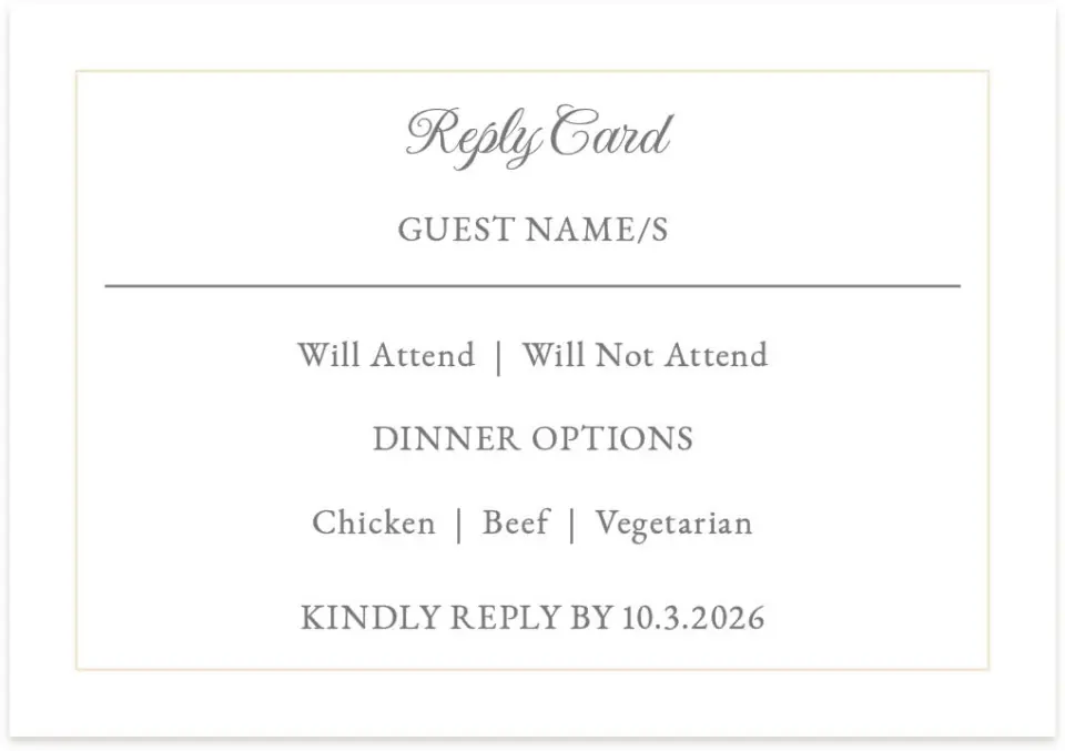 This is a 5" x 3½" Wedding Invitation RSVP Postcard called Classic Devotion printed in full color on Premium Smooth paper