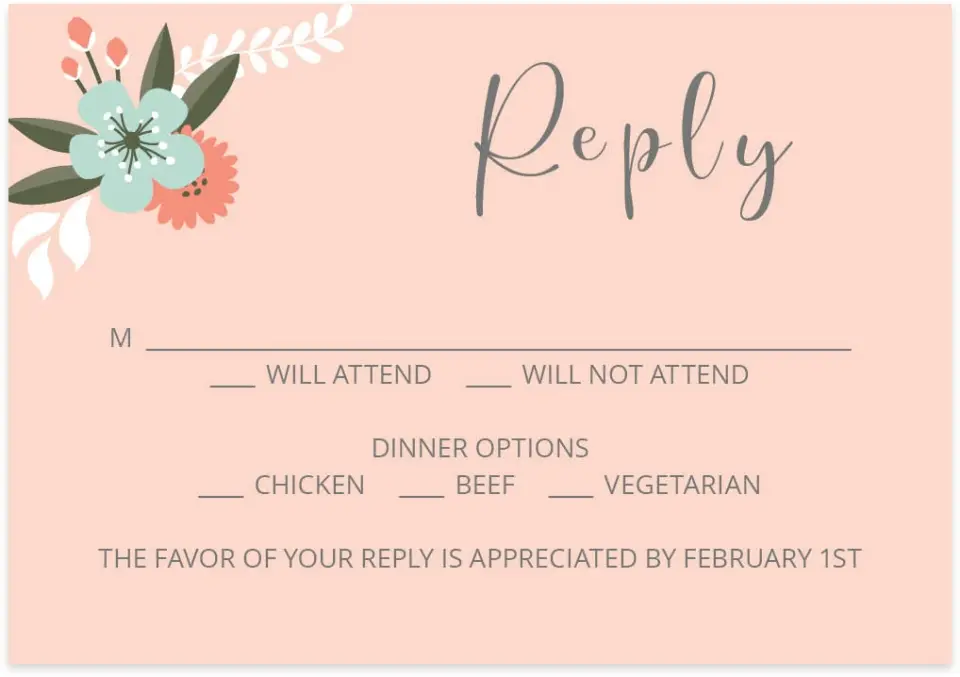 This is a 5" x 3½" Wedding Invitation RSVP Postcard called Framed Florets printed in full color on Premium Smooth paper