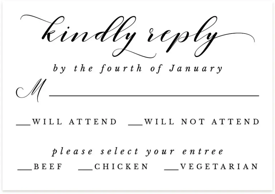 This is a 5" x 3½" Wedding Invitation RSVP Postcard called Timeless Eloquence printed in full color on Premium Smooth paper