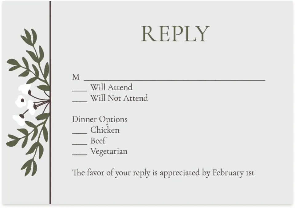 This is a 5" x 3½" Wedding Invitation RSVP Postcard called Floral Bliss printed in full color on Premium Smooth paper