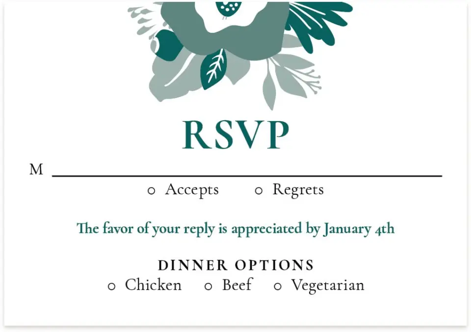 This is a 5" x 3½" Wedding Invitation RSVP Postcard called Blooming Delight printed in full color on Premium Smooth paper