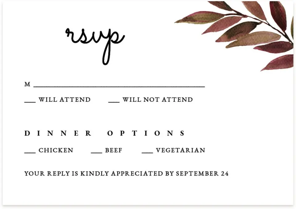 This is a 5" x 3½" Wedding Invitation RSVP Postcard called Lavish Leaves printed in full color on Premium Smooth paper
