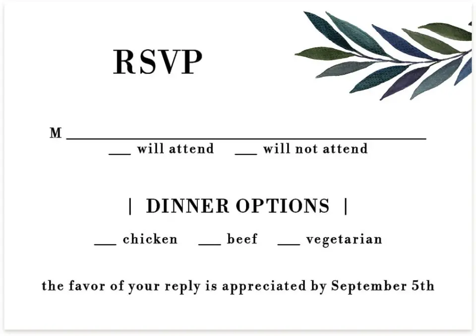 This is a 5" x 3½" Wedding Invitation RSVP Postcard called Laurel Crown printed in full color on Premium Smooth paper