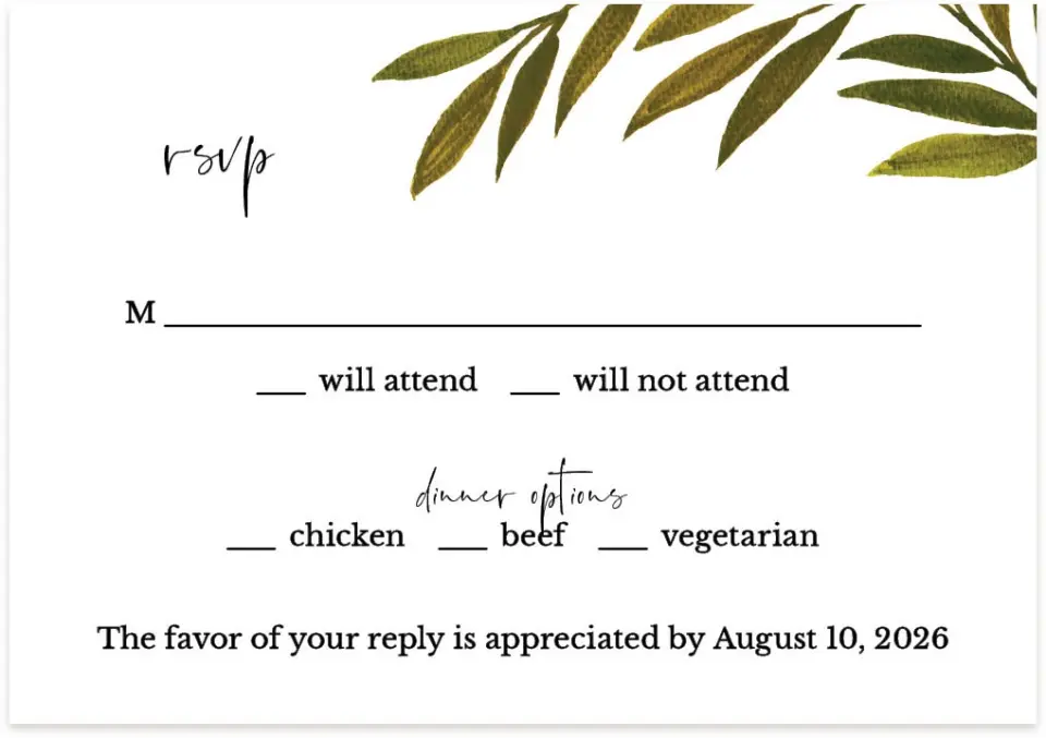 This is a 5" x 3½" Wedding Invitation RSVP Postcard called Gilded Sage printed in full color on Premium Smooth paper