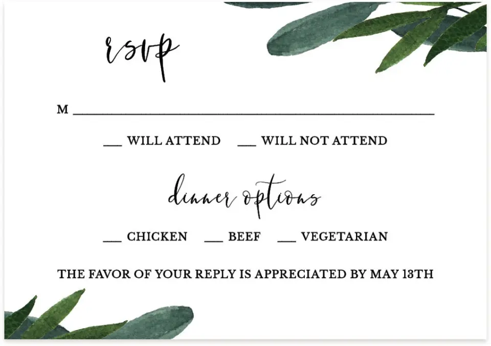 This is a 5" x 3½" Wedding Invitation RSVP Postcard called Painted Greens printed in full color on Premium Smooth paper