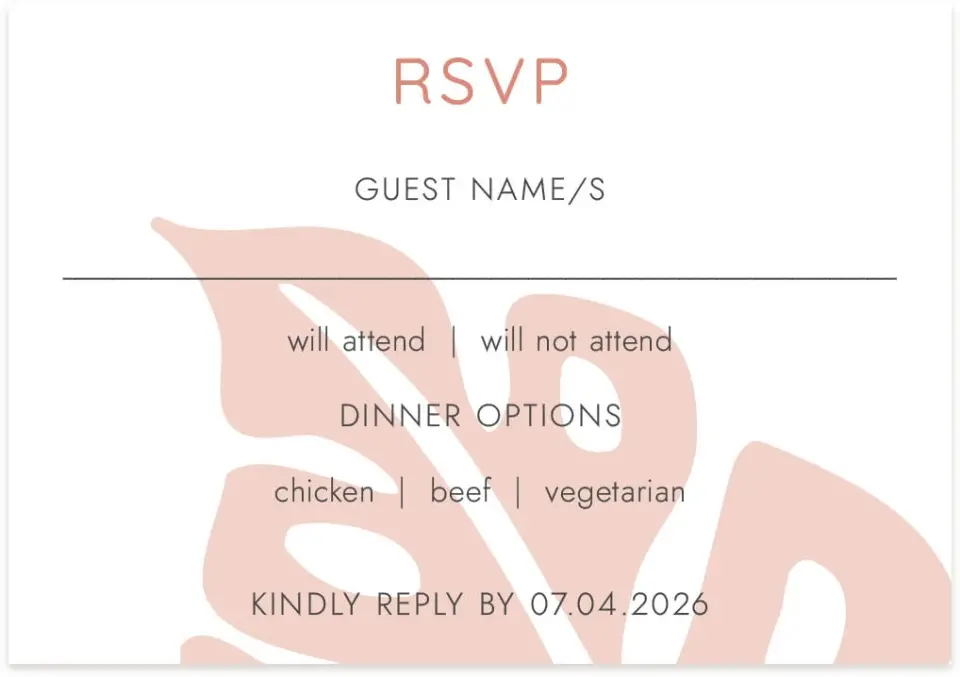 This is a 5" x 3½" Wedding Invitation RSVP Postcard called Tropical Palms printed in full color on Premium Smooth paper