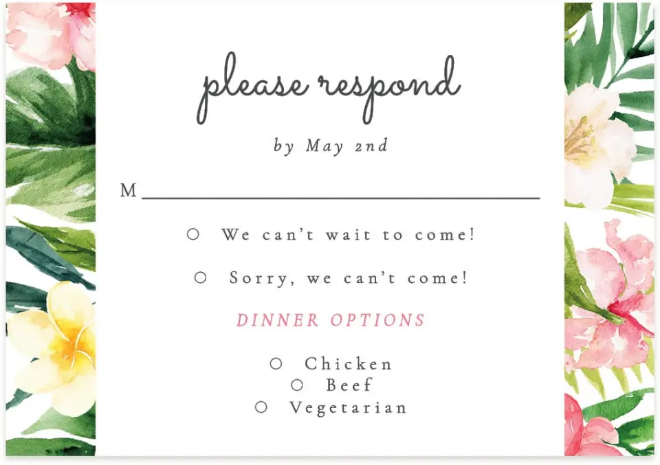 This is a 5" x 3½" Wedding Invitation RSVP Postcard called Paradise of Love printed in full color on Premium Smooth paper