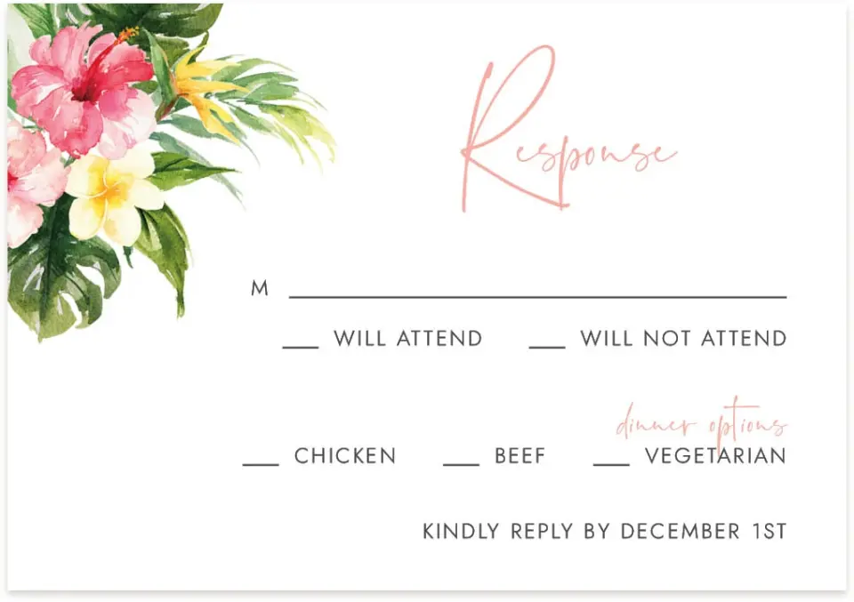 This is a 5" x 3½" Wedding Invitation RSVP Postcard called Perfect Paradise printed in full color on Premium Smooth paper