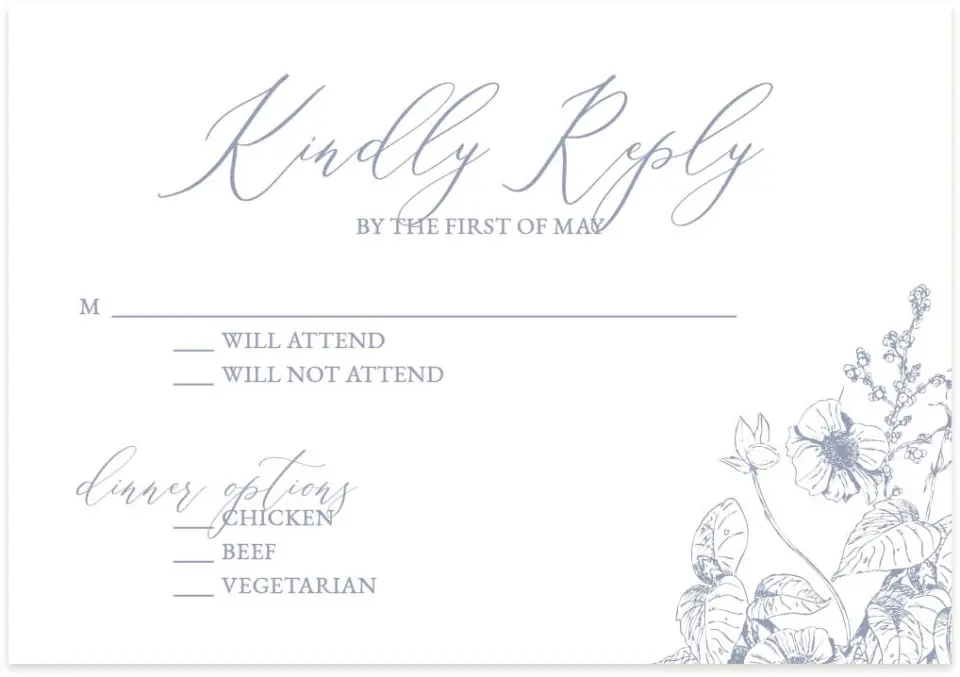This is a 5" x 3½" Wedding Invitation RSVP Postcard called Gentle Bouquet printed in full color on Premium Smooth paper