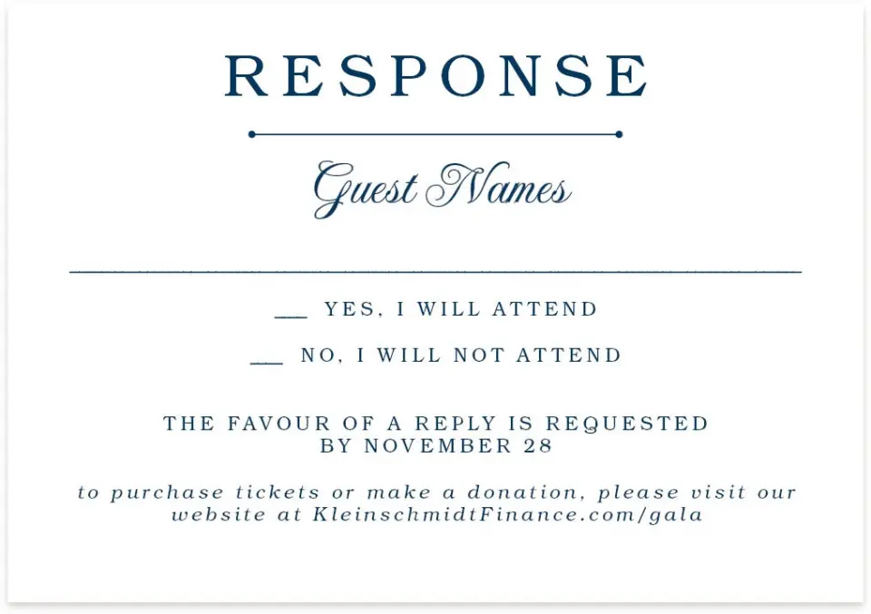 This is a 5" x 3½" Gala Invitation RSVP Postcard called Grand Gala printed in full color on Premium Smooth paper