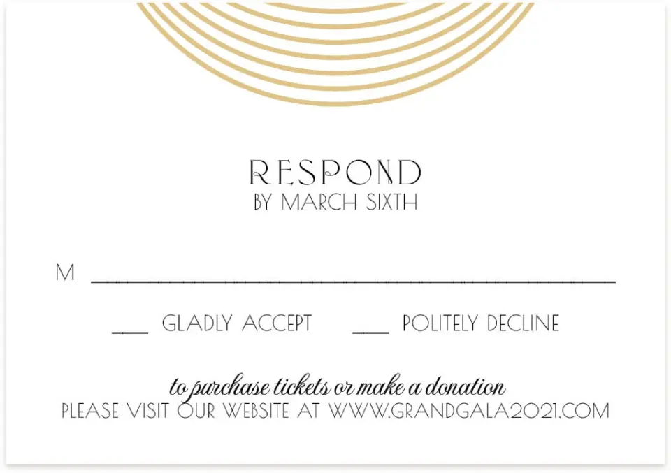 This is a 5" x 3½" Gala Invitation RSVP Postcard called Golden Gala printed in full color on Premium Smooth paper