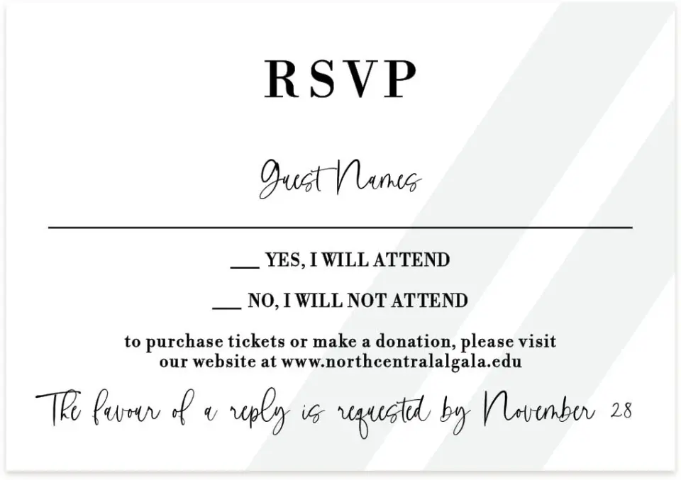 This is a 5" x 3½" Gala Invitation RSVP Postcard called Glamorous Gala printed in full color on Premium Smooth paper