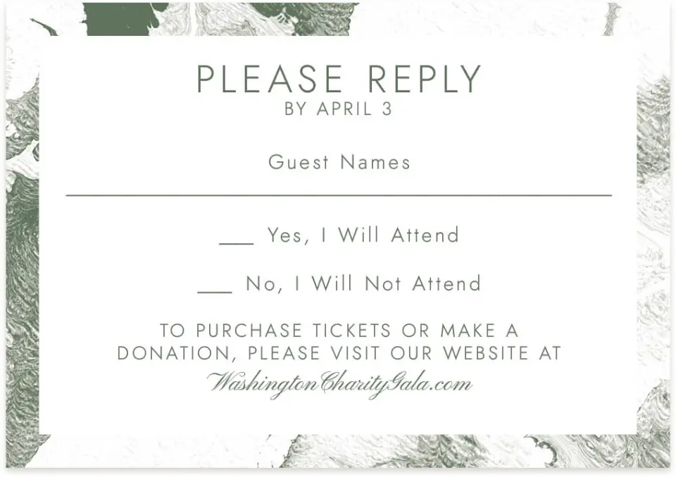 This is a 5" x 3½" Gala Invitation RSVP Postcard called Grand Occasion printed in full color on Premium Smooth paper