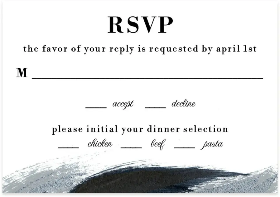 This is a 5" x 3½" Wedding Invitation RSVP Postcard called Moody Swashes printed in full color with Silver foil on Luxe Satin (coated) paper