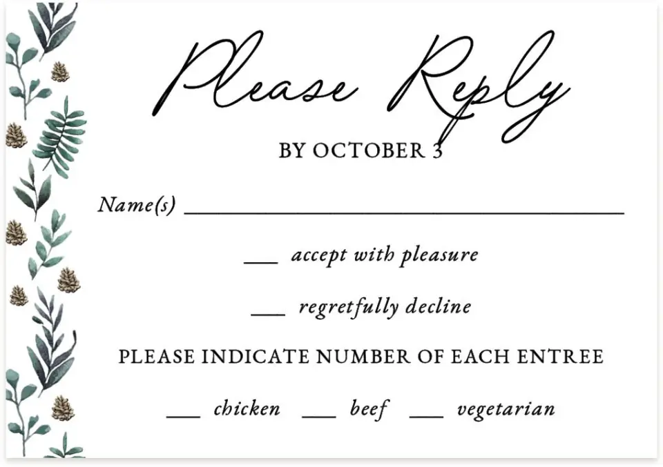 This is a 5" x 3½" Wedding Invitation RSVP Postcard called Pinecone Allure printed in full color on Premium Smooth paper