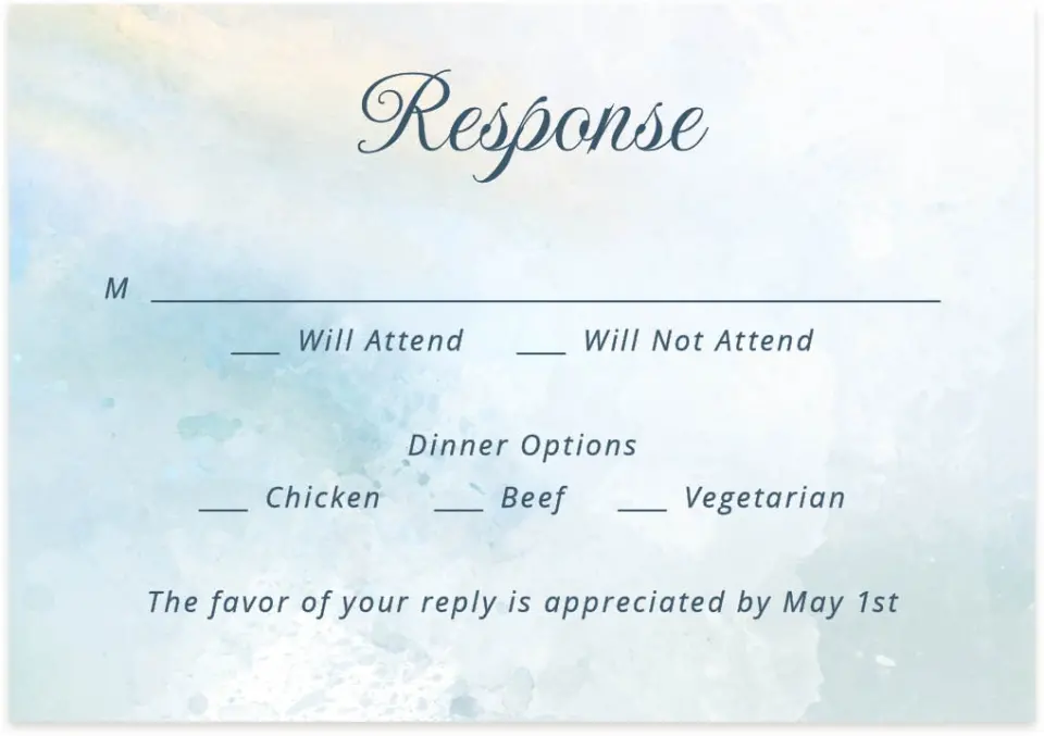 This is a 5" x 3½" Wedding Invitation RSVP Postcard called Dreamy Sky printed in full color on Premium Smooth paper
