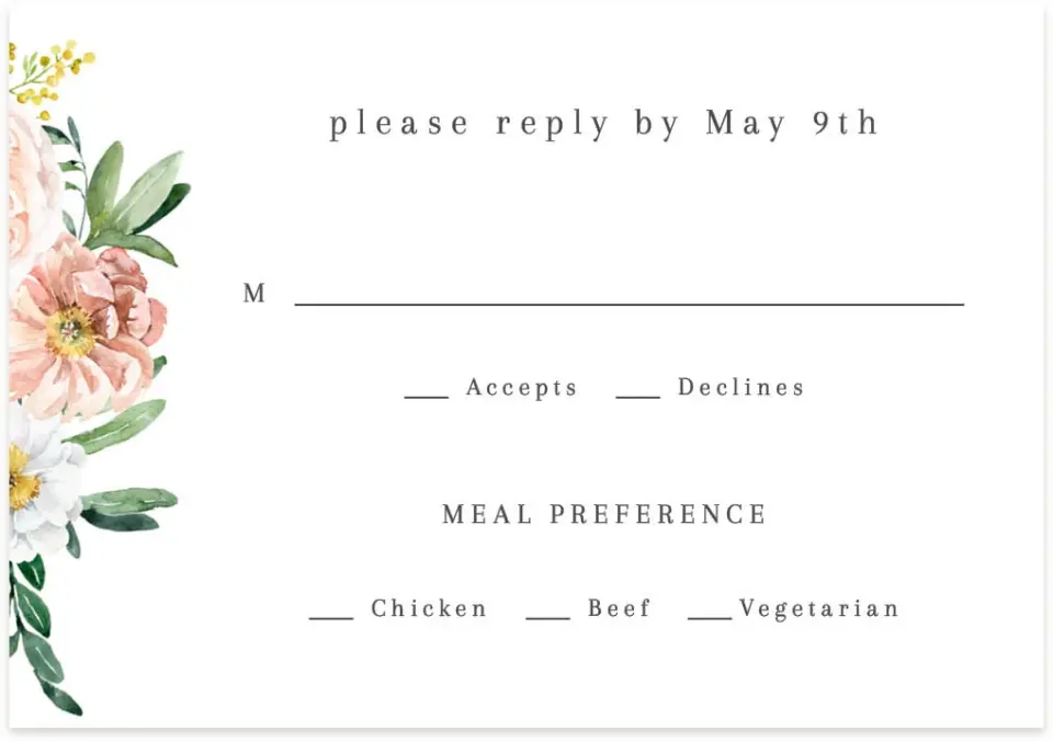 This is a 5" x 3½" Wedding Invitation RSVP Postcard called Delicate Florals printed in full color on Premium Smooth paper