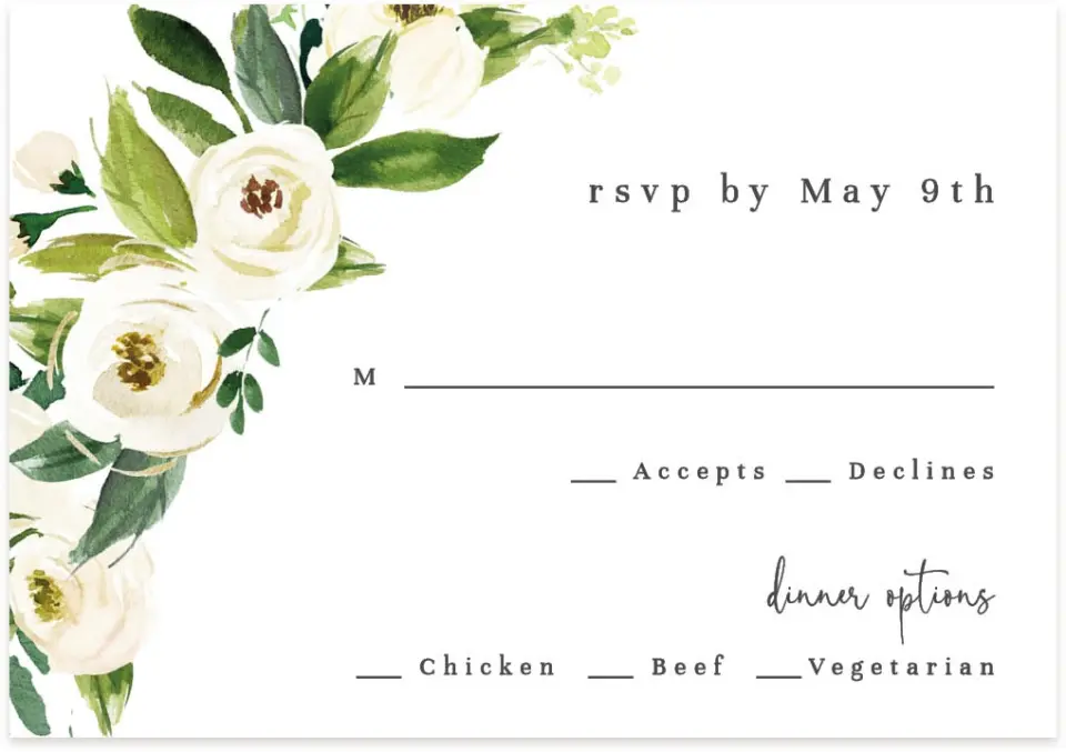 This is a 5" x 3½" Wedding Invitation RSVP Postcard called Delicate Florals printed in full color on Premium Smooth paper