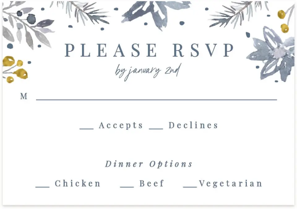 This is a 5" x 3½" Wedding Invitation RSVP Postcard called Winter Floral printed in full color with Silver foil on Luxe Satin (coated) paper