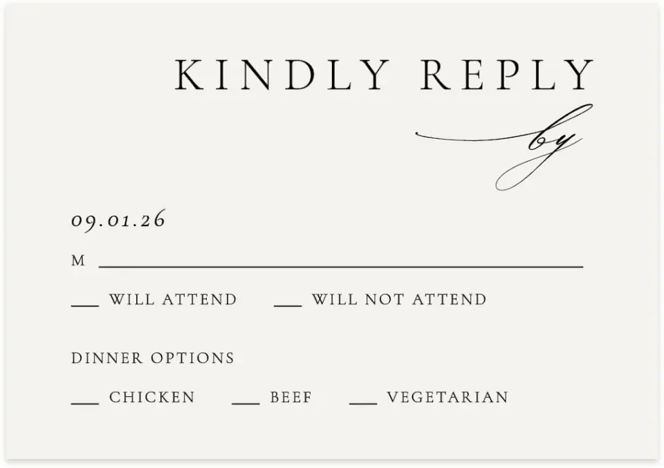 This is a 5" x 3½" Wedding Invitation RSVP Postcard called Simply Elegant printed in full color on Premium Smooth paper