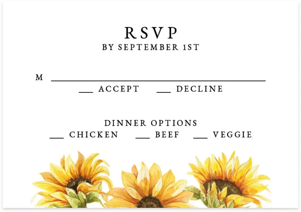 This is a 5" x 3½" Wedding Invitation RSVP Postcard called Sunflower Bliss printed in full color on Premium Smooth paper