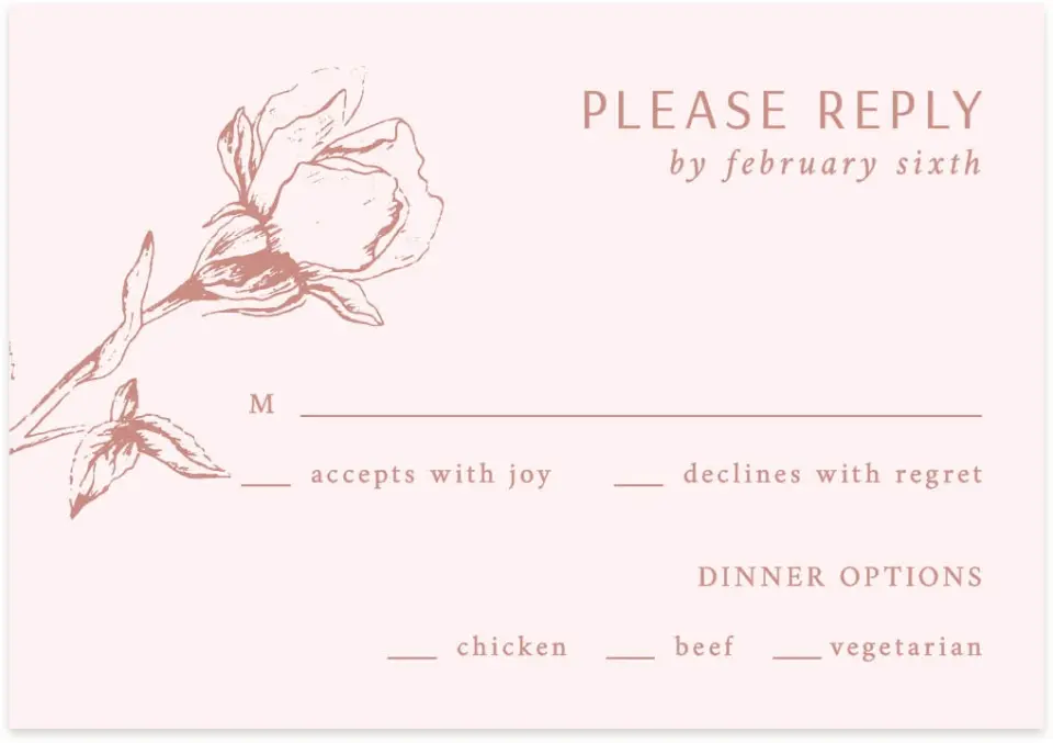 This is a 5" x 3½" Wedding Invitation RSVP Postcard called Blooming Bud printed in full color on Premium Smooth paper