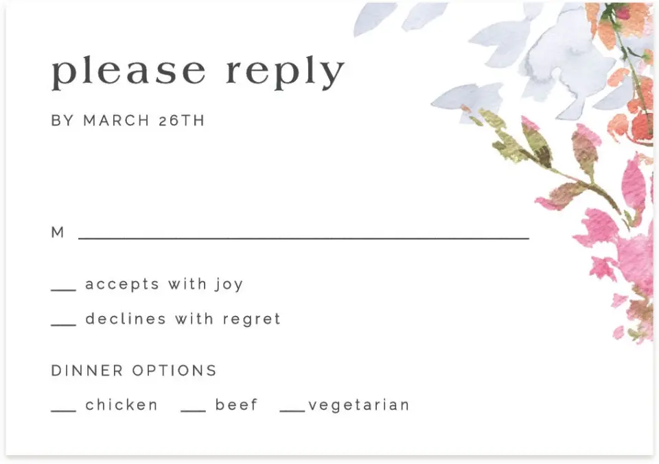 This is a 5" x 3½" Wedding Invitation RSVP Postcard called Blushing Bouquet printed in full color with Rose Gold foil on Luxe Satin (coated) paper