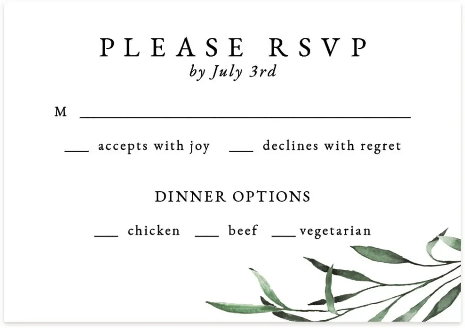This is a 5" x 3½" Wedding Invitation RSVP Postcard called Tender Twig printed in full color on Premium Smooth paper