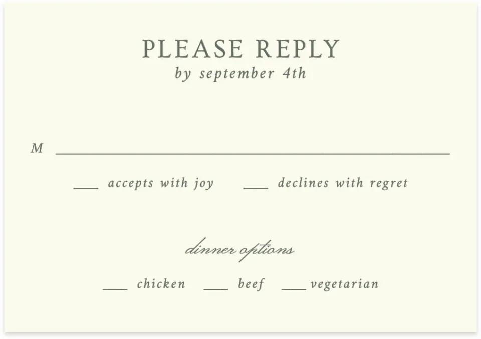 This is a 5" x 3½" Wedding Invitation RSVP Postcard called Whisper Twig printed in full color on Premium Smooth paper