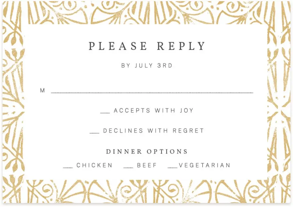 This is a 5" x 3½" Wedding Invitation RSVP Postcard called Decorated Luxury printed in full color on Premium Smooth paper