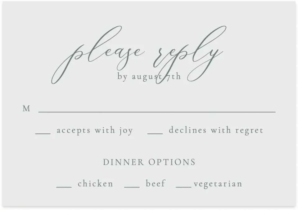 This is a 5" x 3½" Wedding Invitation RSVP Postcard called Timeless Order printed in full color on Premium Smooth paper