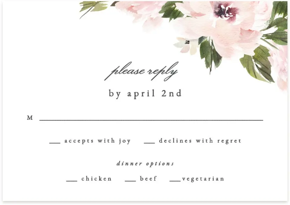 This is a 5" x 3½" Wedding Invitation RSVP Postcard called Sweet Floral printed in full color on Premium Smooth paper