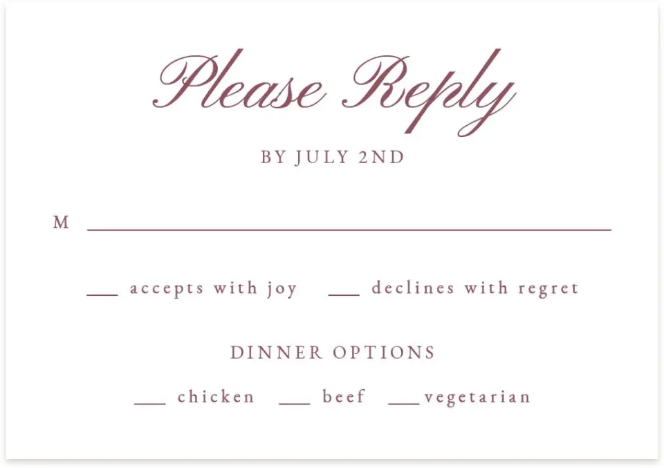 This is a 5" x 3½" Wedding Invitation RSVP Postcard called Quietly Quaint printed in full color with Rose Gold foil on Luxe Satin (coated) paper