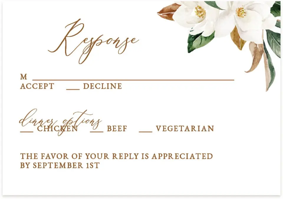 This is a 5" x 3½" Wedding Invitation RSVP Postcard called Soft Magnolia printed in full color on Premium Smooth paper