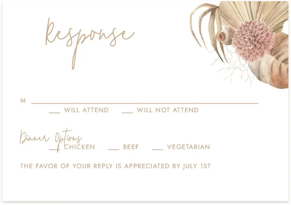 This is a 5" x 3½" Wedding Invitation RSVP Postcard called Boho Blooms printed in full color on Premium Smooth paper