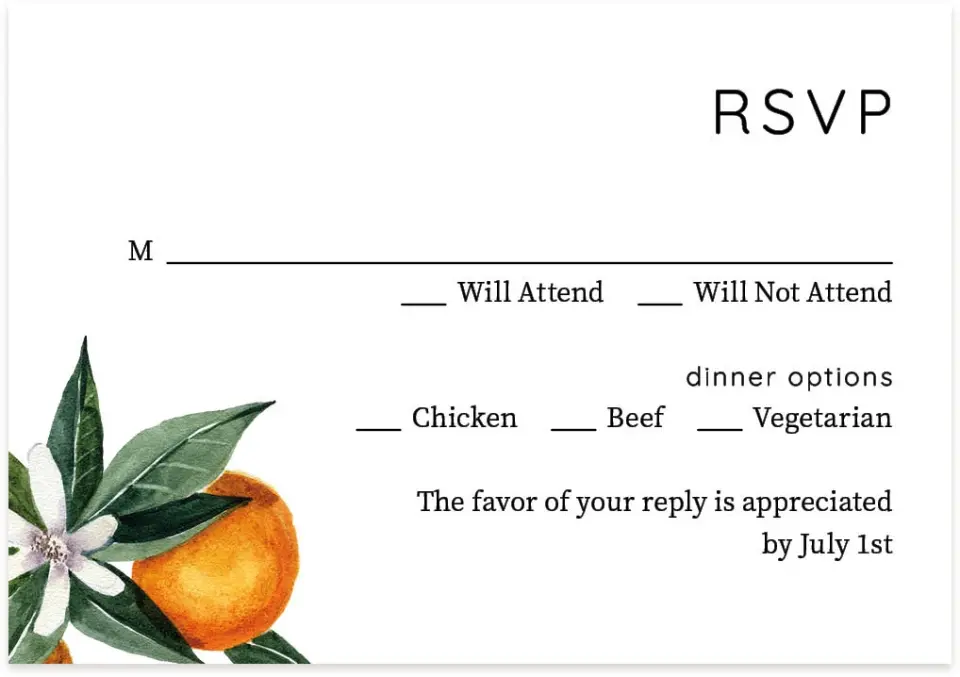 This is a 5" x 3½" Wedding Invitation RSVP Postcard called Mod Citrus printed in full color on Premium Smooth paper