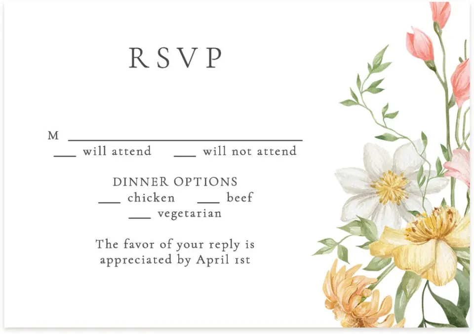 This is a 5" x 3½" Wedding Invitation RSVP Postcard called Secluded Blooms printed in full color on Premium Smooth paper