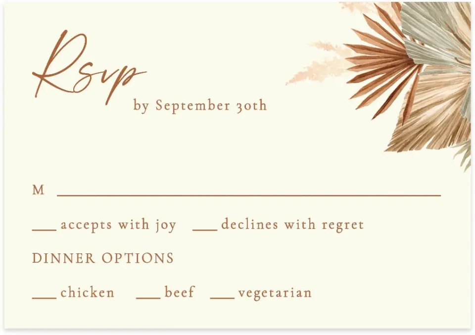 This is a 5" x 3½" Wedding Invitation RSVP Postcard called Sandy Fronds printed in full color on Premium Smooth paper